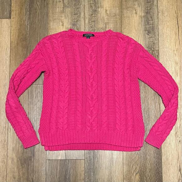 Lauren Ralph Lauren Classic Cable knit V Neck Sweater M Pink Preppy Classic Logo - Picture 1 of 5
